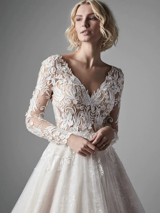 Nine Seven 3D Flowers Plug V-Neck Long Sleeves Scoop Back A-Line Black Wedding Dress Customization