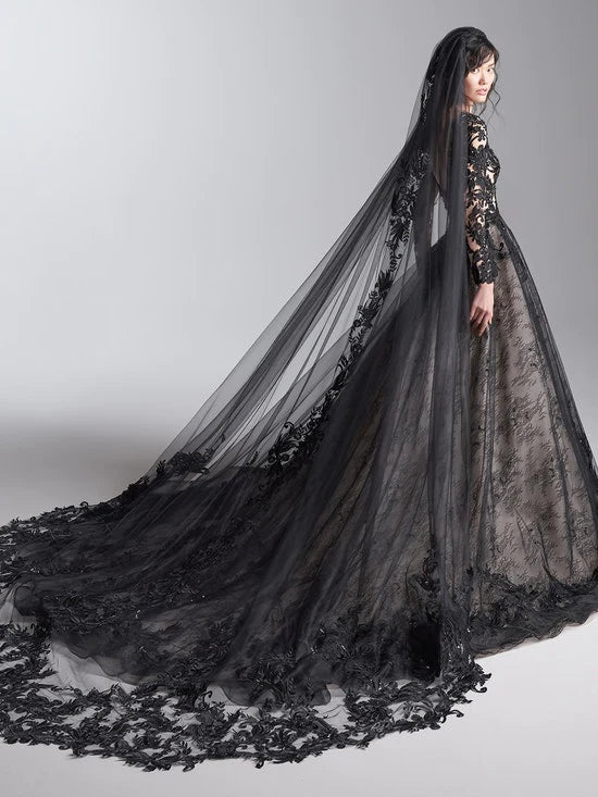 Nine Seven 3D Flowers Plug V-Neck Long Sleeves Scoop Back A-Line Black Wedding Dress Customization