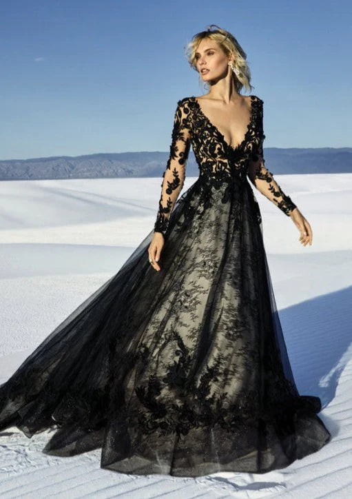 Nine Seven 3D Flowers Plug V-Neck Long Sleeves Scoop Back A-Line Black Wedding Dress Customization