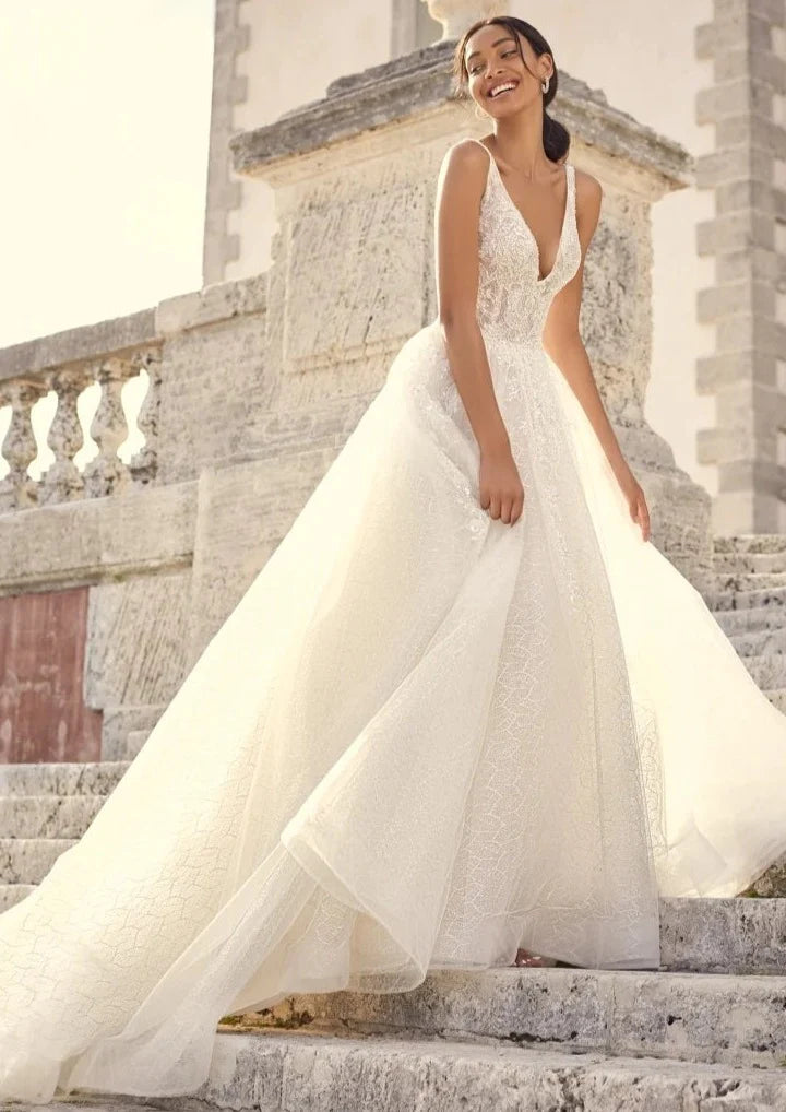 Nine Seven Straps Deep V-Neckline Sparkly Sequin Lace Scoop Back A-Line Wedding Dress Customization