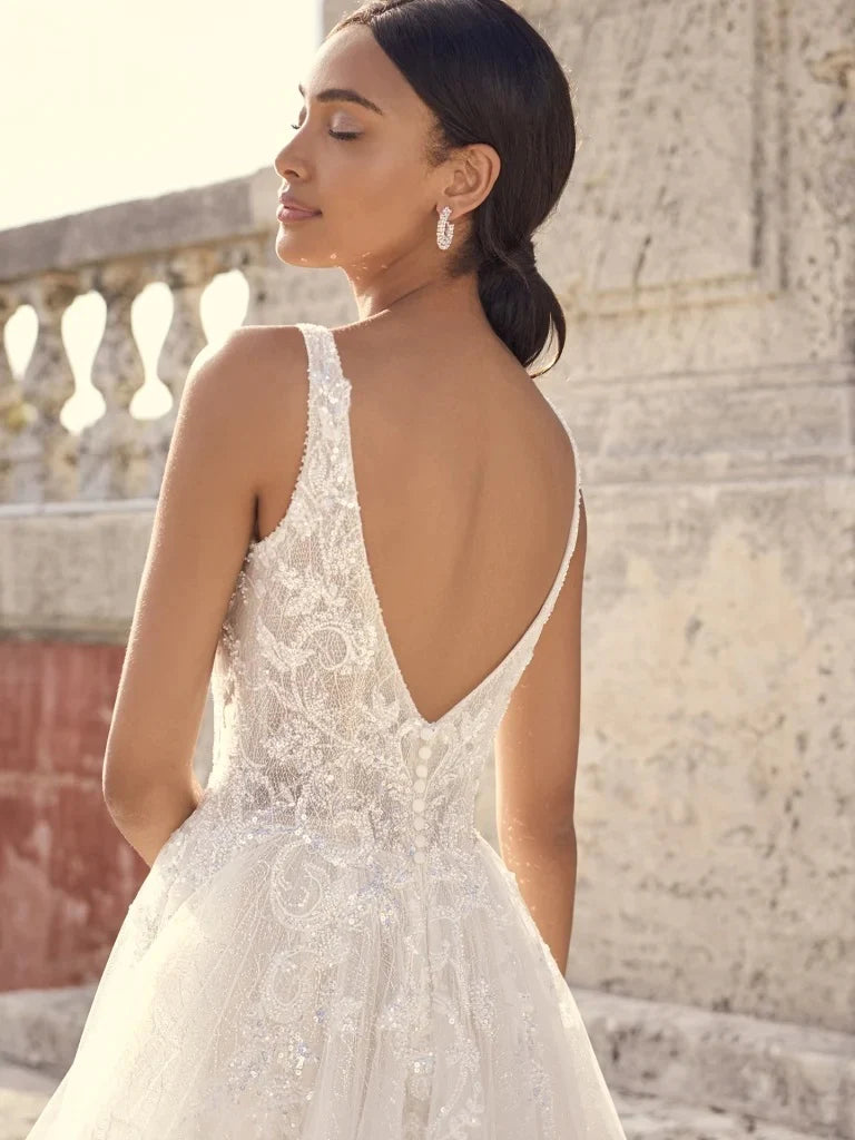 Nine Seven Straps Deep V-Neckline Sparkly Sequin Lace Scoop Back A-Line Wedding Dress Customization