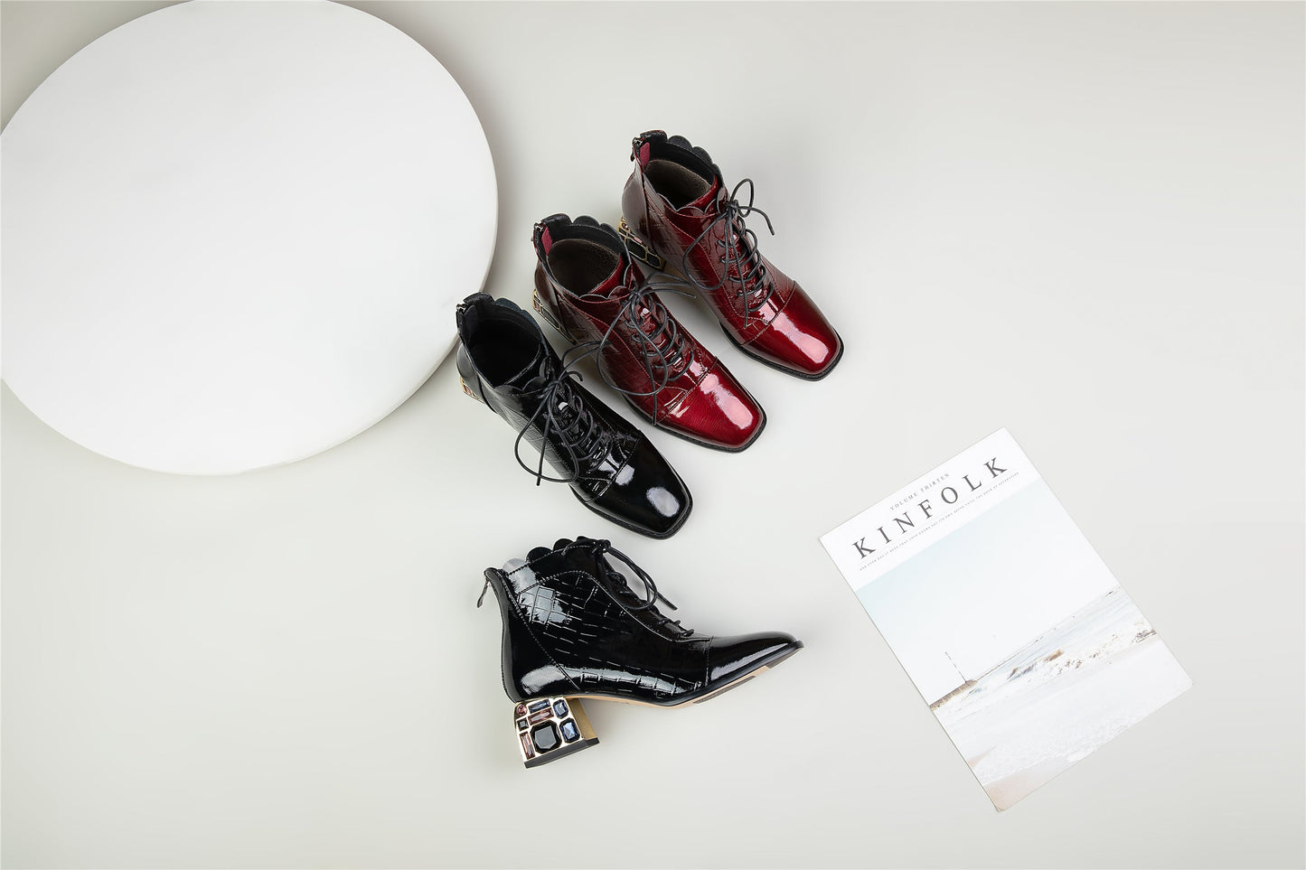 Nine Seven Women's Glossy Patent Leather Handmade Colorful Crystal Mid Chunky Heel Round Toe Back Zipper Ankle Boots with Selftie