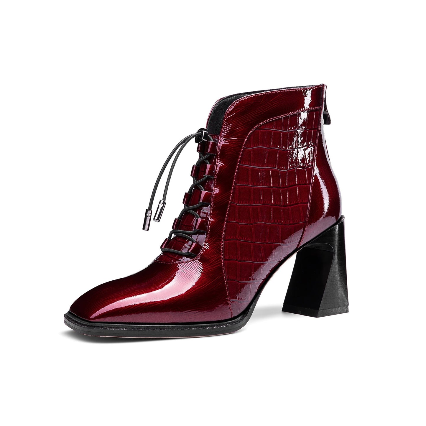 Nine Seven Women's Handmade Patent Leather Classic Square Toe High Spool Heel Back Zip Up Short Dressing Boots with Band