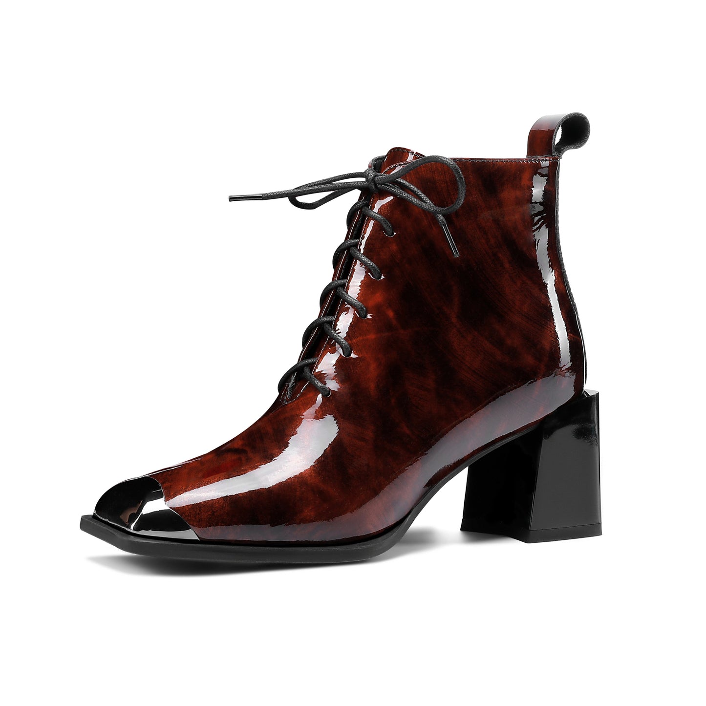 Nine Seven Women's Handmade Patent Leather Classic Square Toe Mid Block Heel Side Zip Lace Up Stylish Ankle Boots