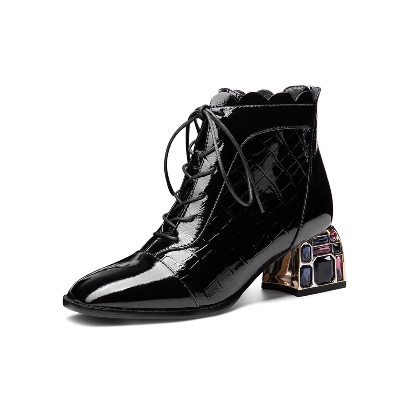Nine Seven Women's Glossy Patent Leather Handmade Colorful Crystal Mid Chunky Heel Round Toe Back Zipper Ankle Boots with Selftie