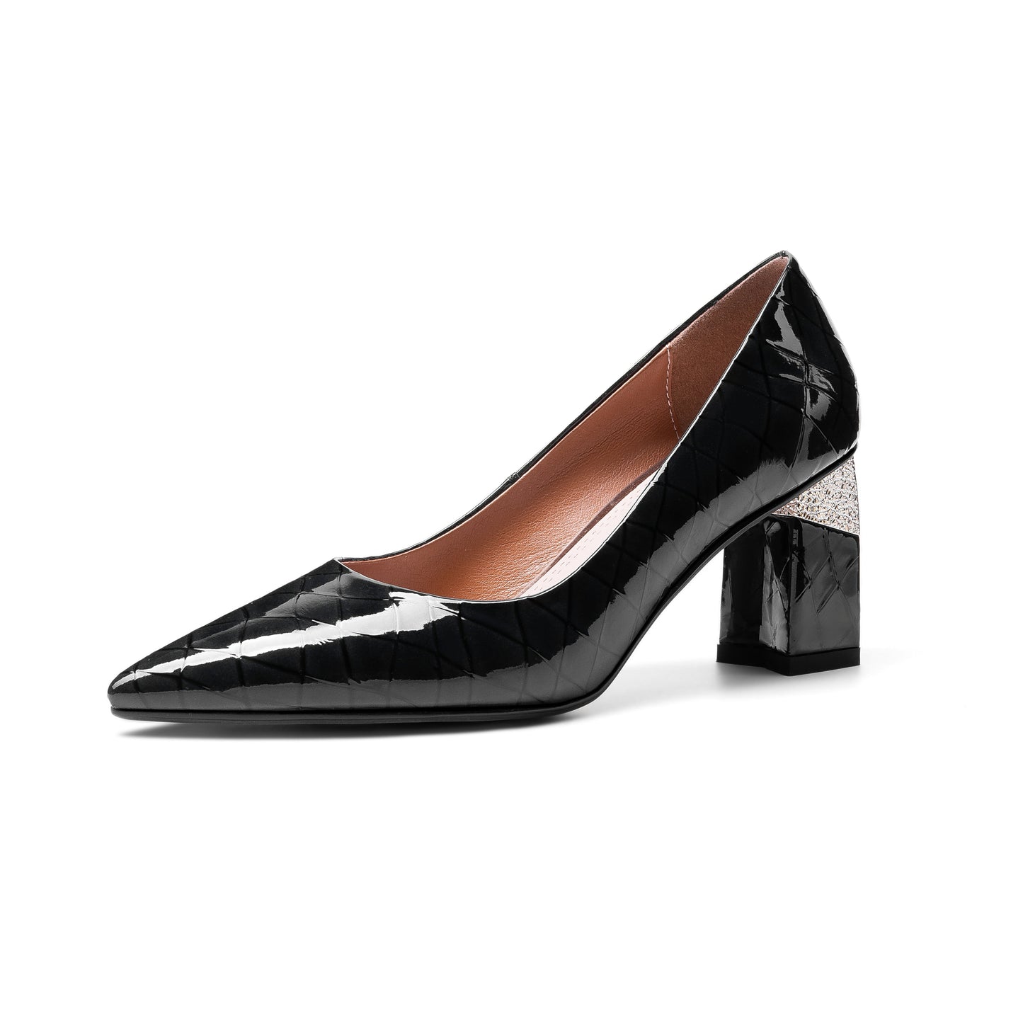 Nine Seven Women's Glossy Patent Leather Handmade Clear Pointed Toe Mid Chunky Heel Slip On Modern Pumps with Attractive Pattern