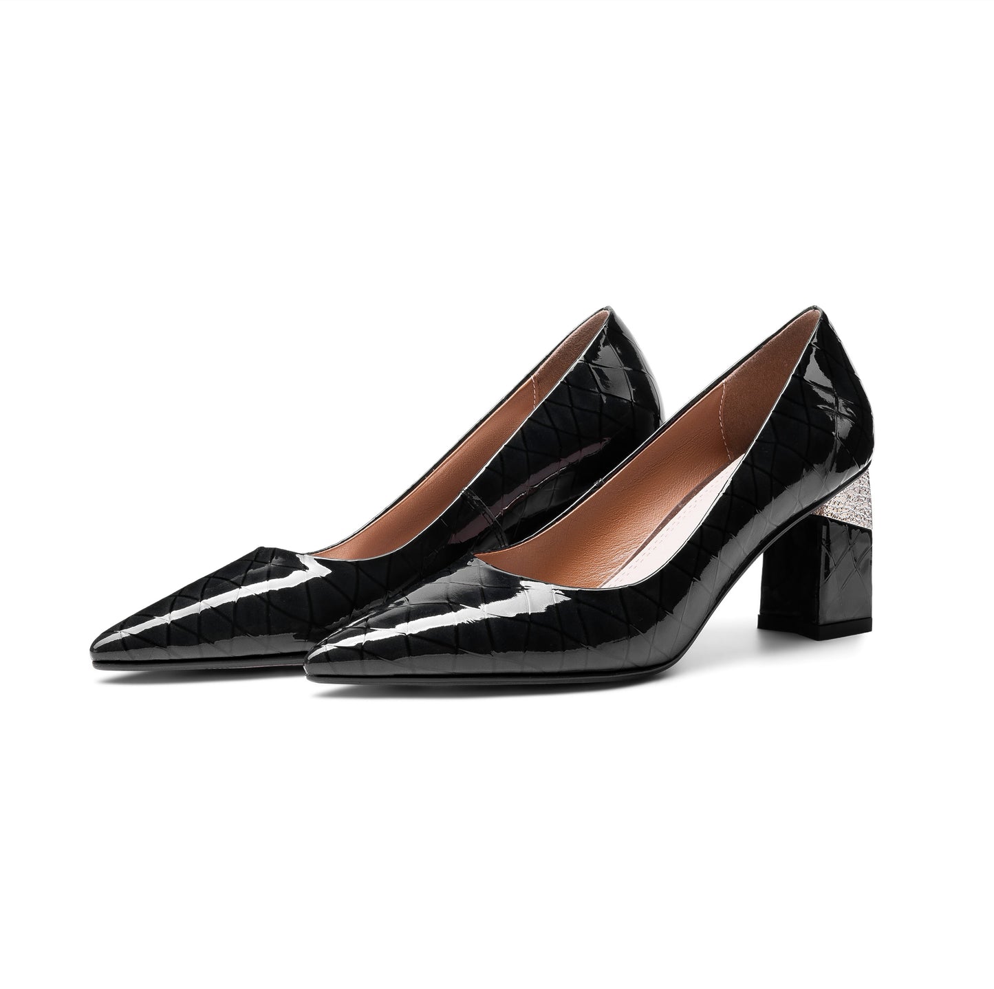 Nine Seven Women's Glossy Patent Leather Handmade Clear Pointed Toe Mid Chunky Heel Slip On Modern Pumps with Attractive Pattern