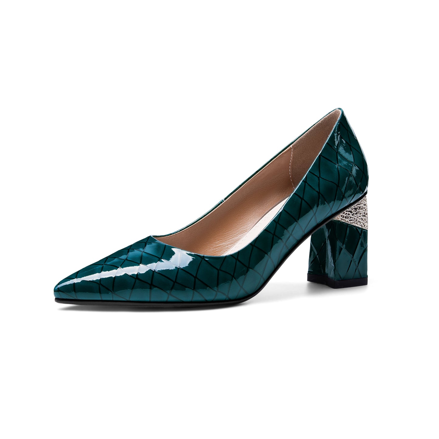 Nine Seven Women's Glossy Patent Leather Handmade Clear Pointed Toe Mid Chunky Heel Slip On Modern Pumps with Attractive Pattern