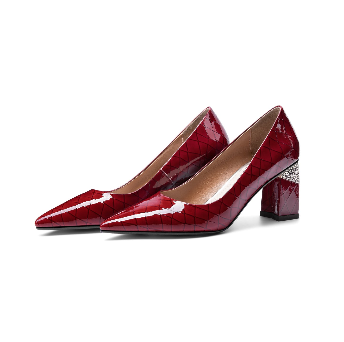 Nine Seven Women's Glossy Patent Leather Handmade Clear Pointed Toe Mid Chunky Heel Slip On Modern Pumps with Attractive Pattern