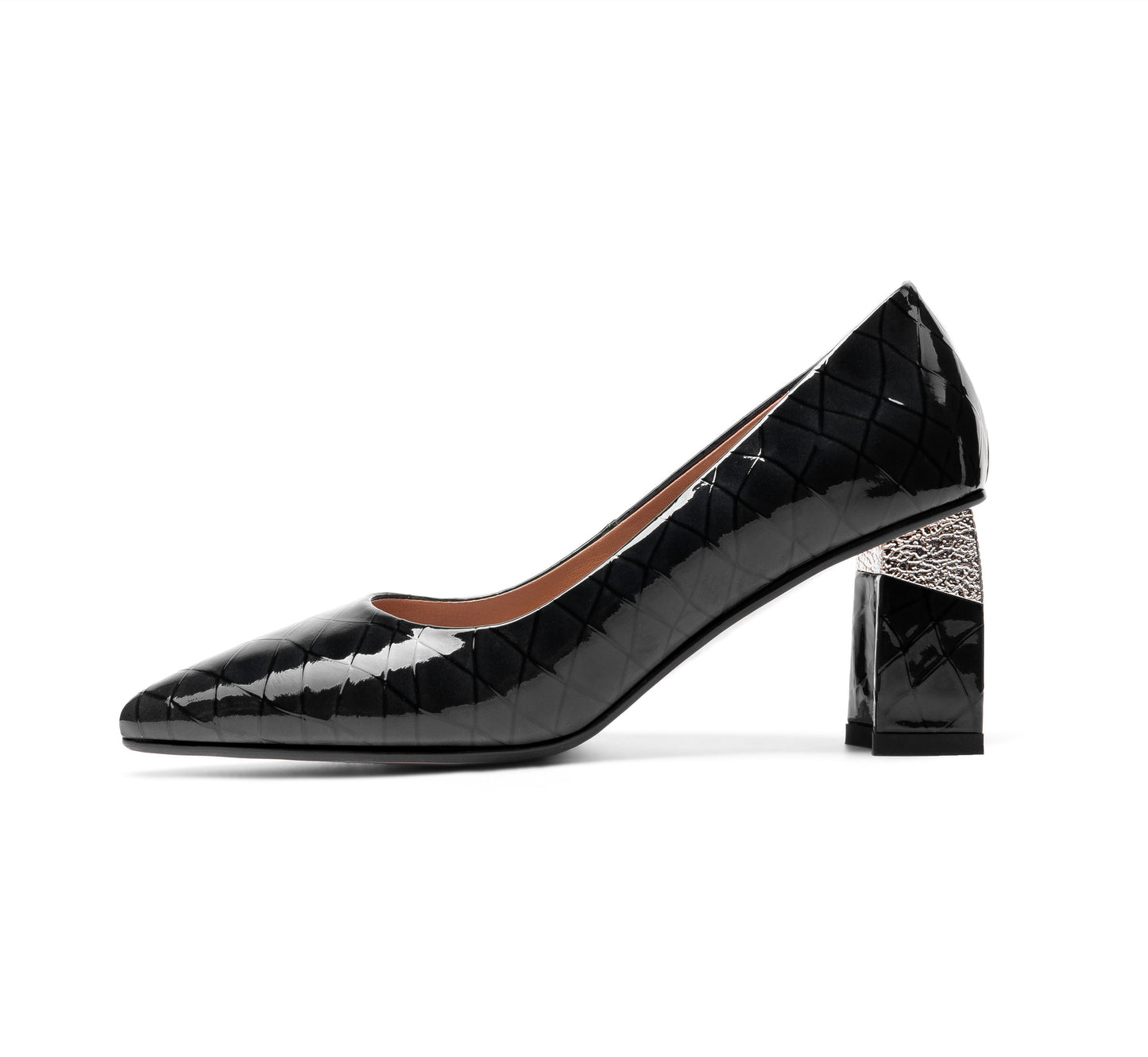 Nine Seven Women's Glossy Patent Leather Handmade Clear Pointed Toe Mid Chunky Heel Slip On Modern Pumps with Attractive Pattern