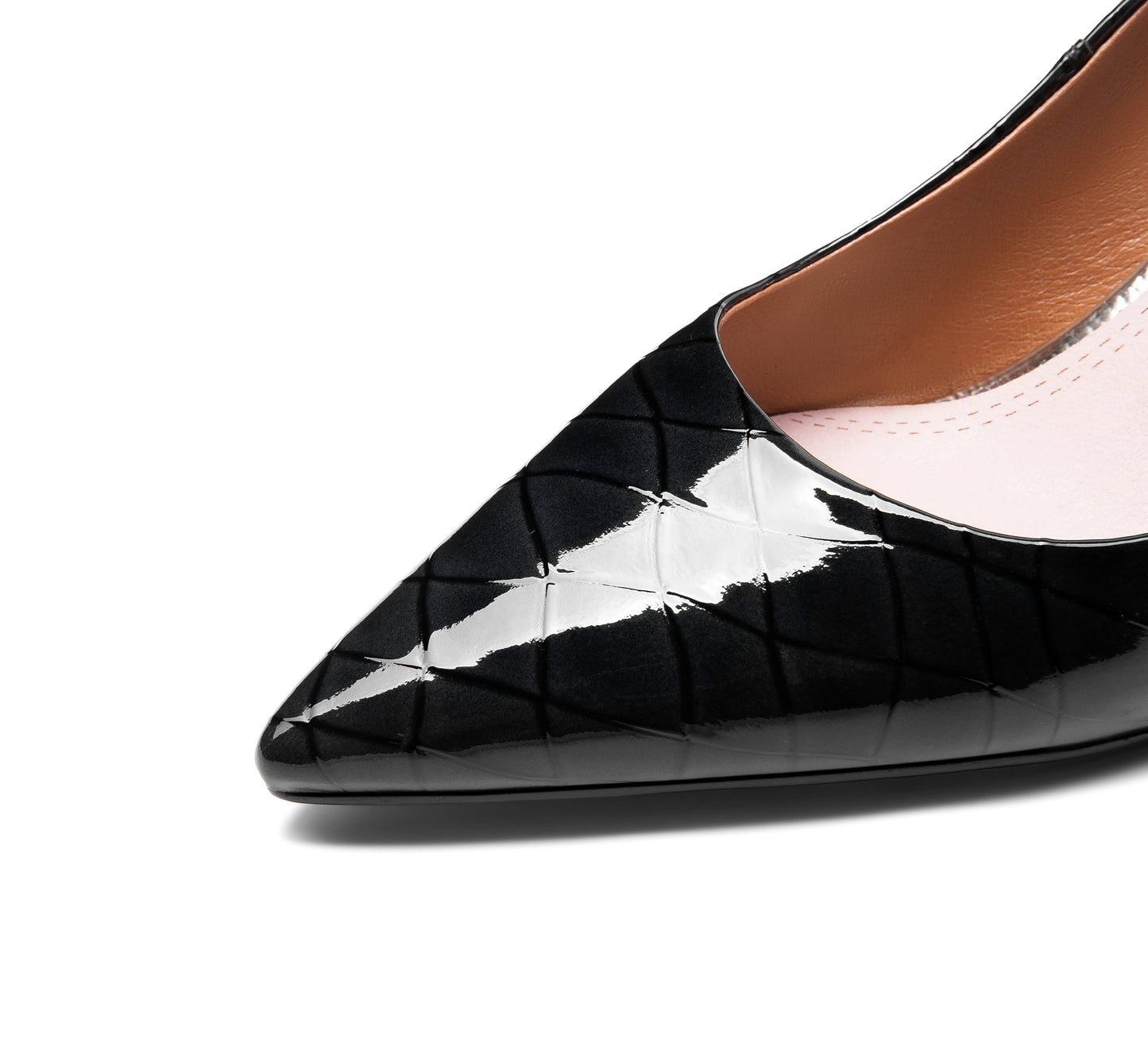 Nine Seven Women's Glossy Patent Leather Handmade Clear Pointed Toe Mid Chunky Heel Slip On Modern Pumps with Attractive Pattern