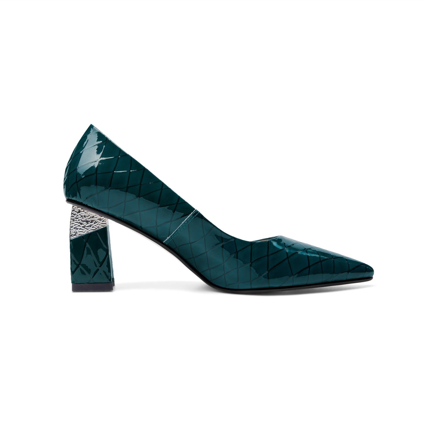 Nine Seven Women's Glossy Patent Leather Handmade Clear Pointed Toe Mid Chunky Heel Slip On Modern Pumps with Attractive Pattern