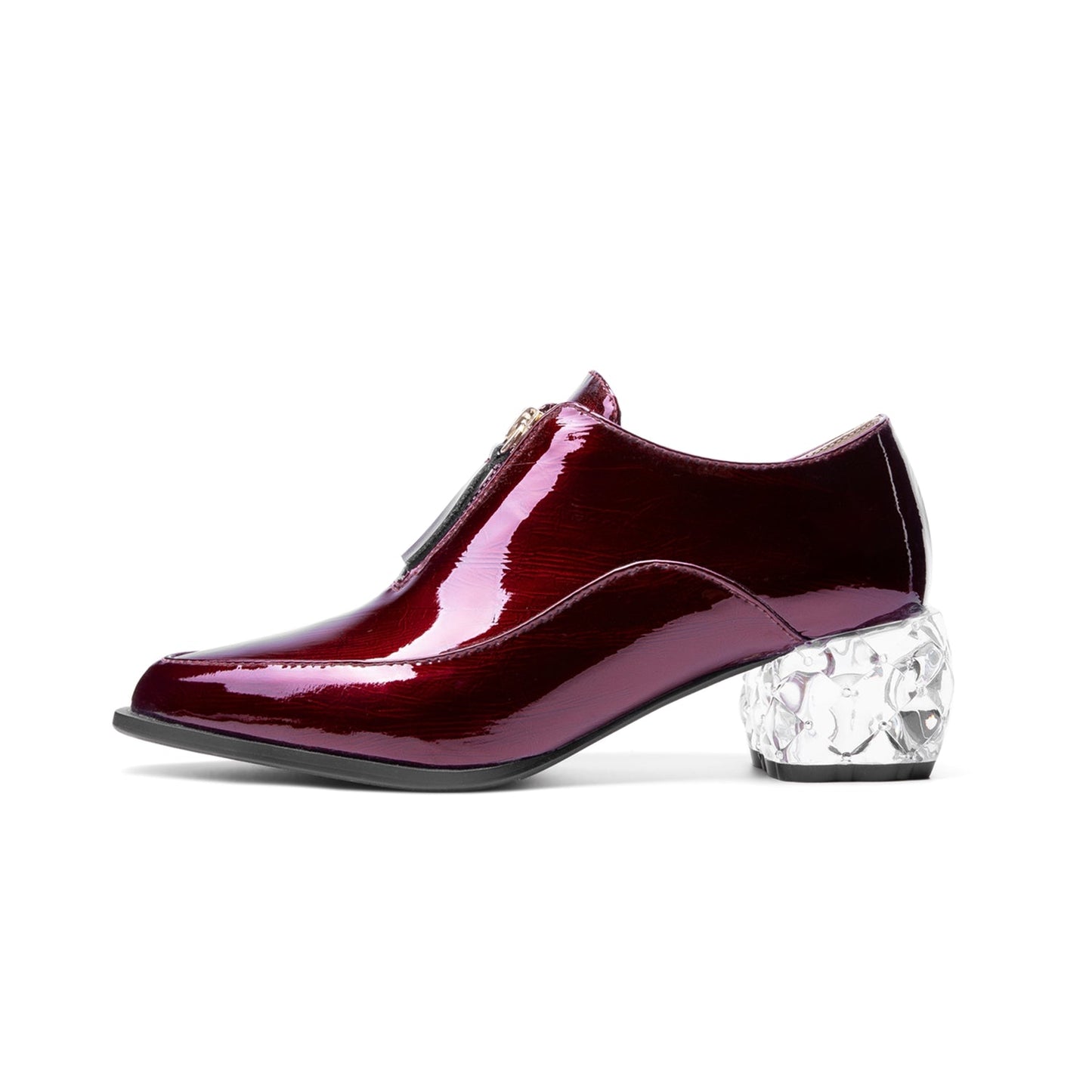 Women's Glossy Patent Leather Handmade Clear Pointed Toe Chunky Heel Front Zip Pumps