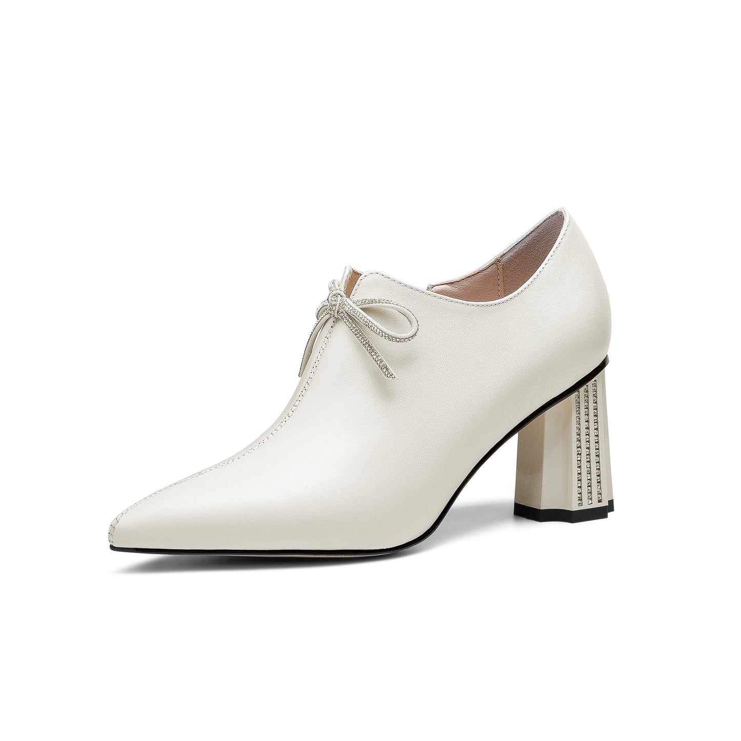 Nine Seven Women's Genuine Leather Handmade Glitter Mid Chunky Heel Pointed Toe Stylish Side Zip Pump Shoes with Bowtie