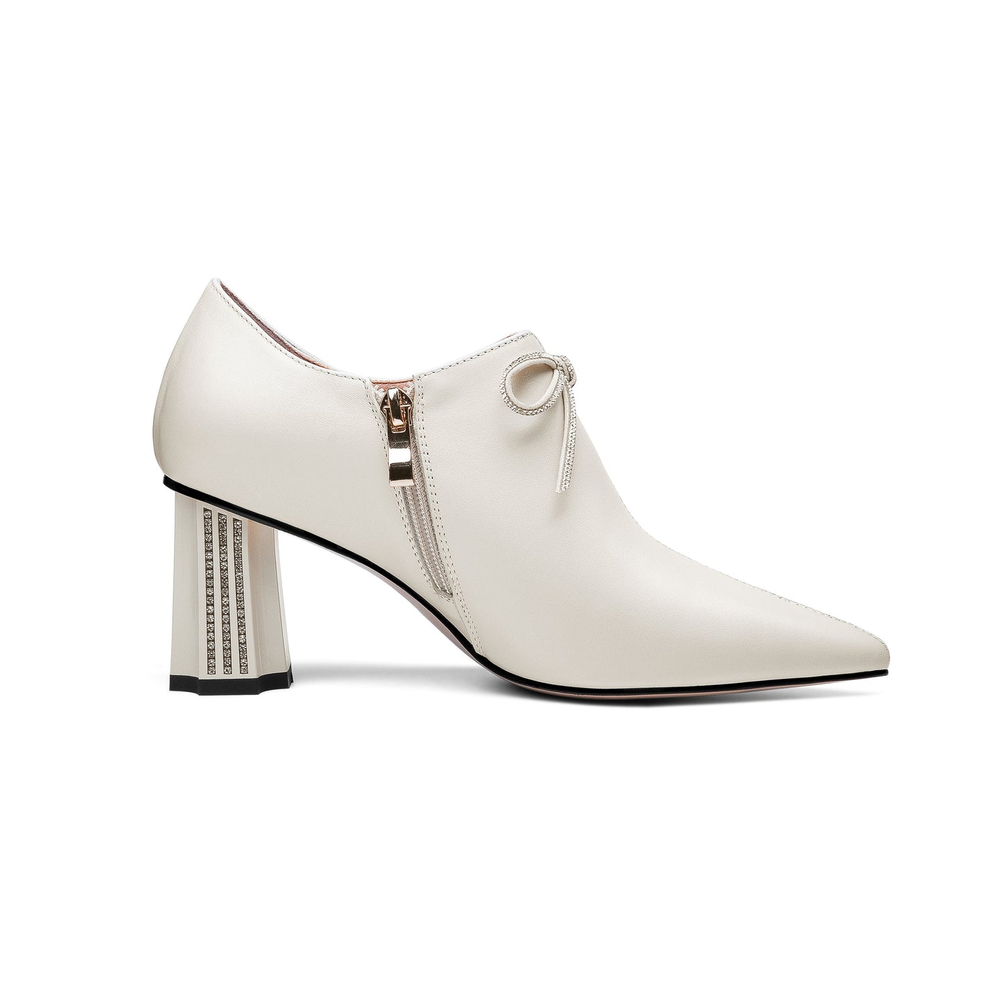 Nine Seven Women's Genuine Leather Handmade Glitter Mid Chunky Heel Pointed Toe Stylish Side Zip Pump Shoes with Bowtie