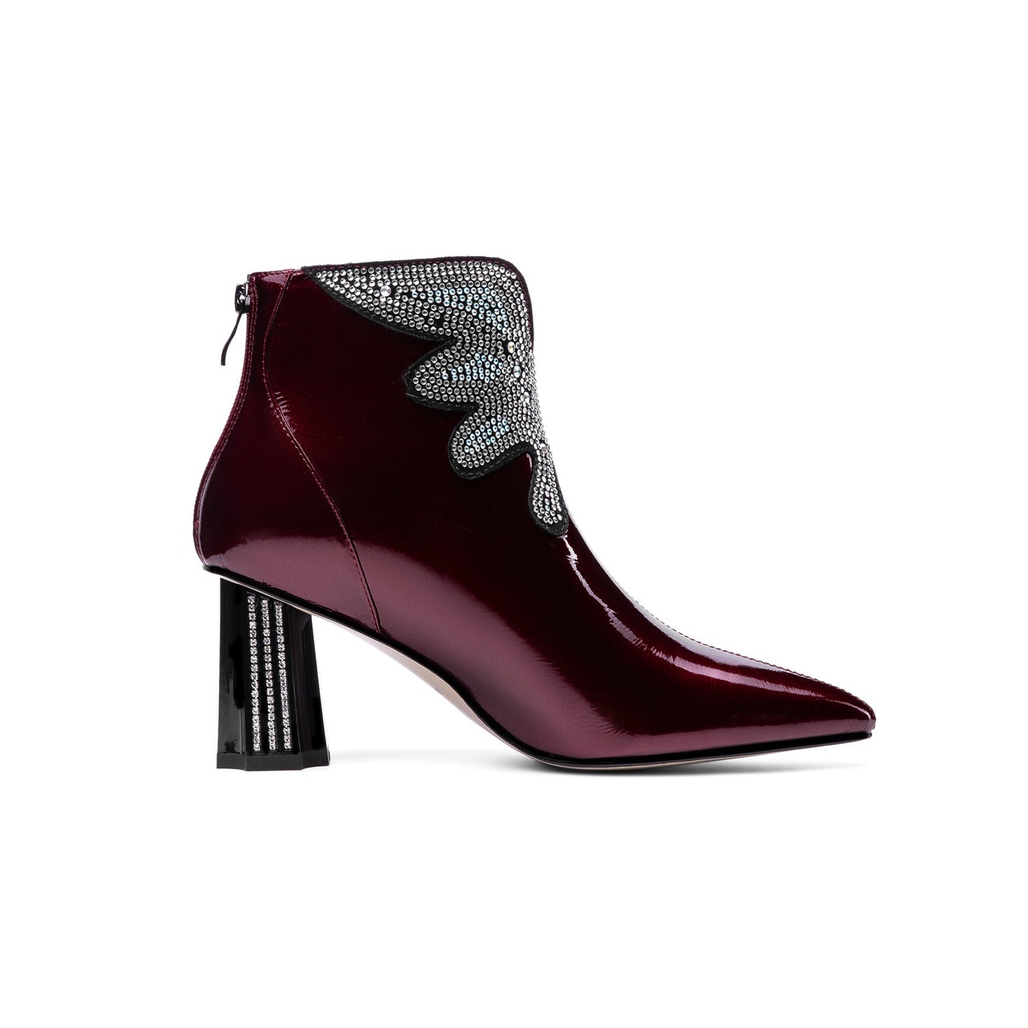 Nine Seven Women's Patent Leather Handmade Mid Chunky Heel Back Zipper Pointed Toe Plus-Size Ankle Boots With Glitter Rhinestones