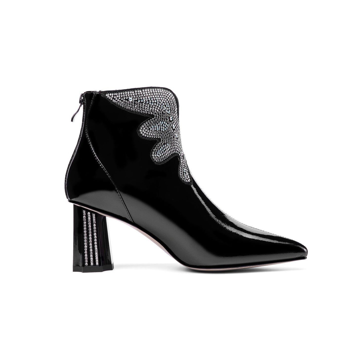 Nine Seven Women's Patent Leather Handmade Mid Chunky Heel Back Zipper Pointed Toe Plus-Size Ankle Boots With Glitter Rhinestones