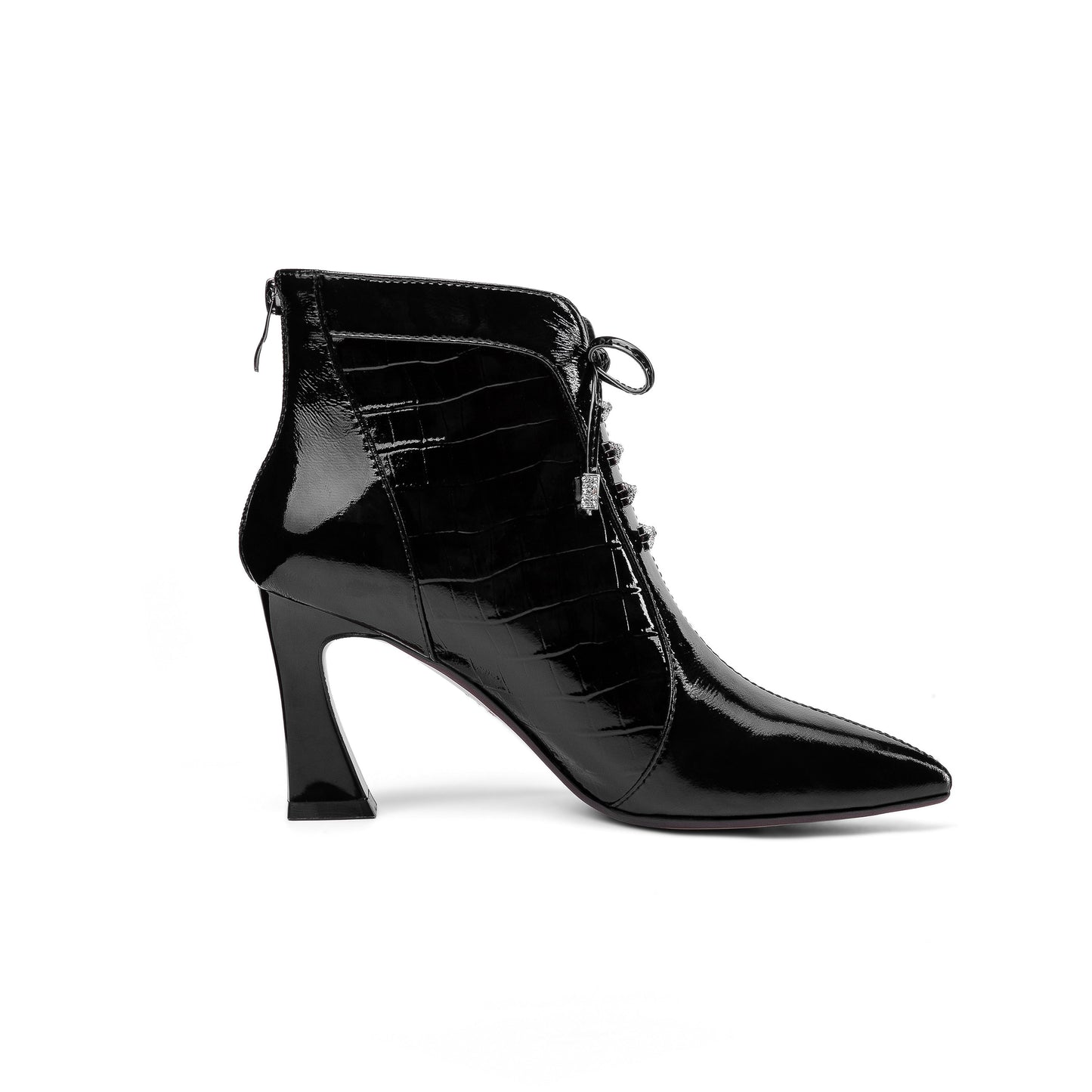 Nine Seven Women's Handmade Patent Leather Pointed Toe Sexy High Spool Heel Zip Up Plus-Size Ankle Booties with Bowtie