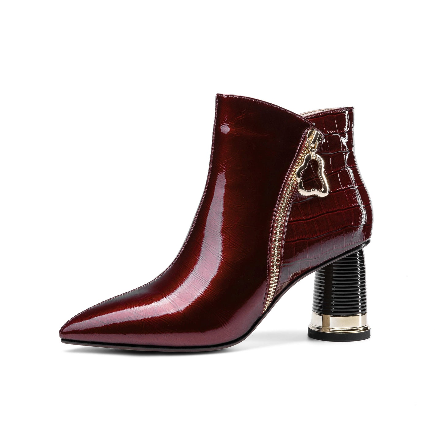 Nine Seven Women's Patent Leather Handmade Pointed Toe Side Zip Up Stylish Cylindrical Mid Heel Ankle Boots