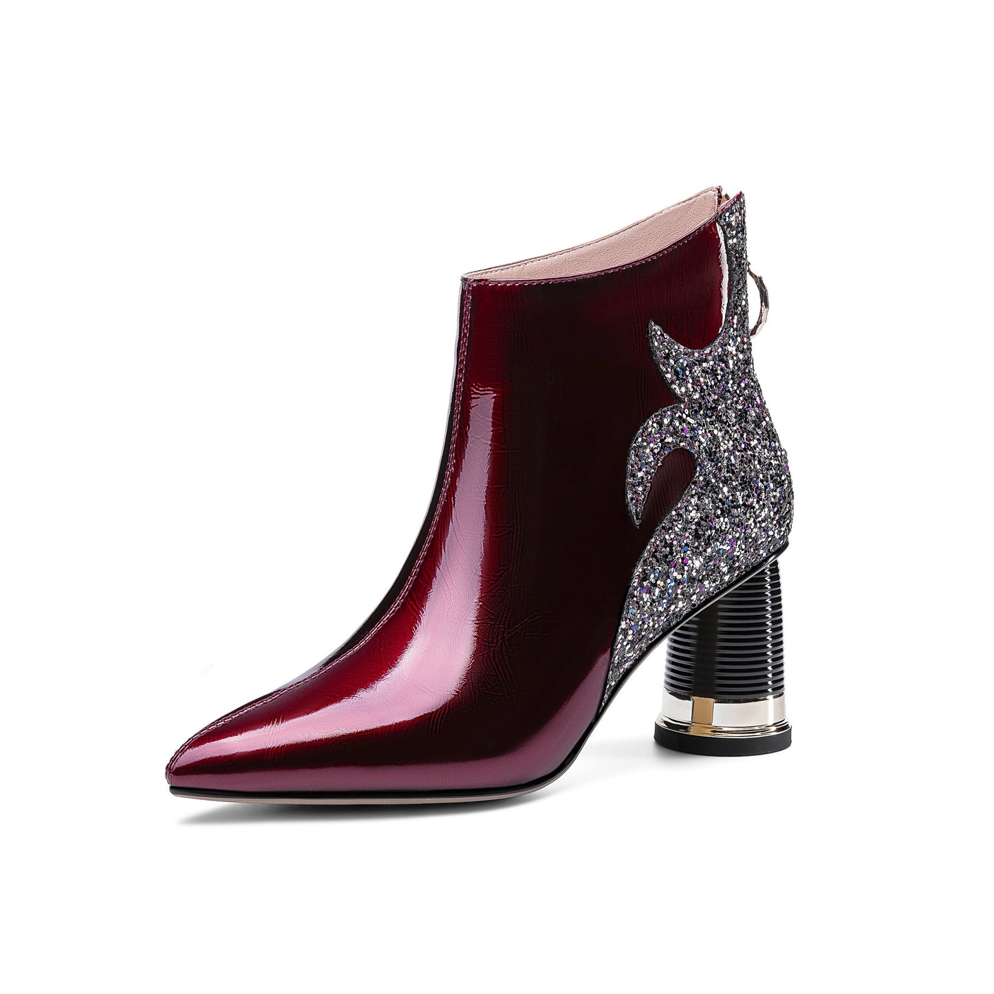 Nine Seven Women's Glossy Patent Leather Handmade Comfortable Block Heel Pointed Toe zip Up Ankle Booties with Glitter Pattern