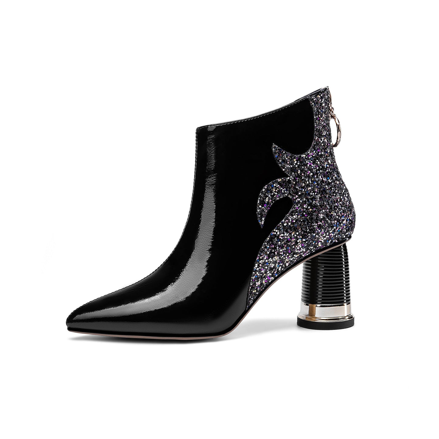 Nine Seven Women's Glossy Patent Leather Handmade Comfortable Block Heel Pointed Toe zip Up Ankle Booties with Glitter Pattern