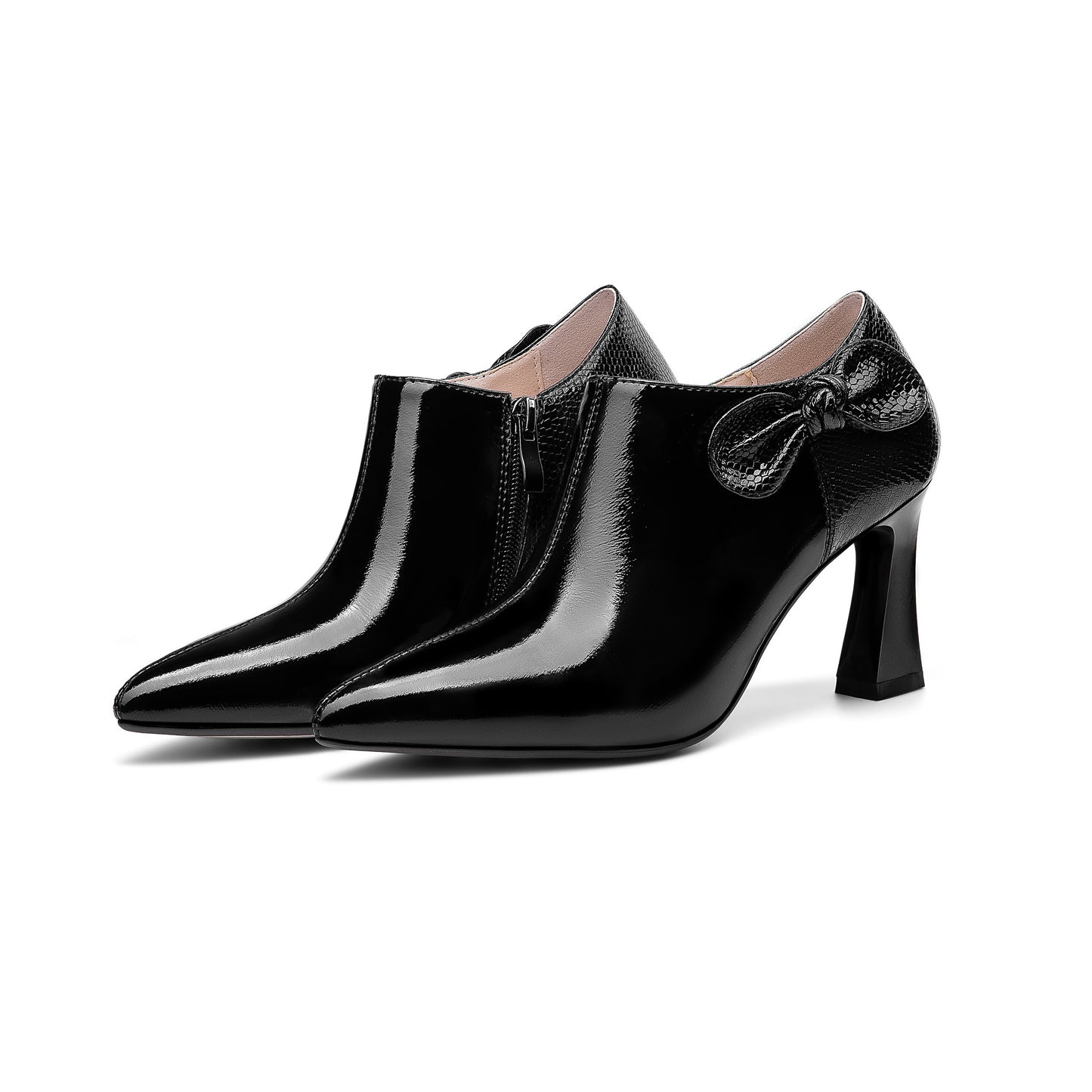Nine Seven Women's Patent Leather Handmade Pointed Toe Side Zip Elegant High Chunky Heel Pumps with Cute Bow
