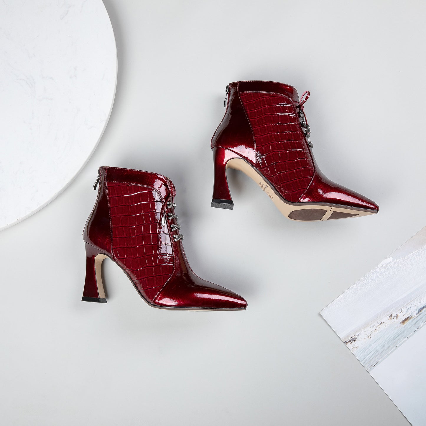 Nine Seven Women's Handmade Patent Leather Pointed Toe Sexy High Spool Heel Zip Up Plus-Size Ankle Booties with Bowtie