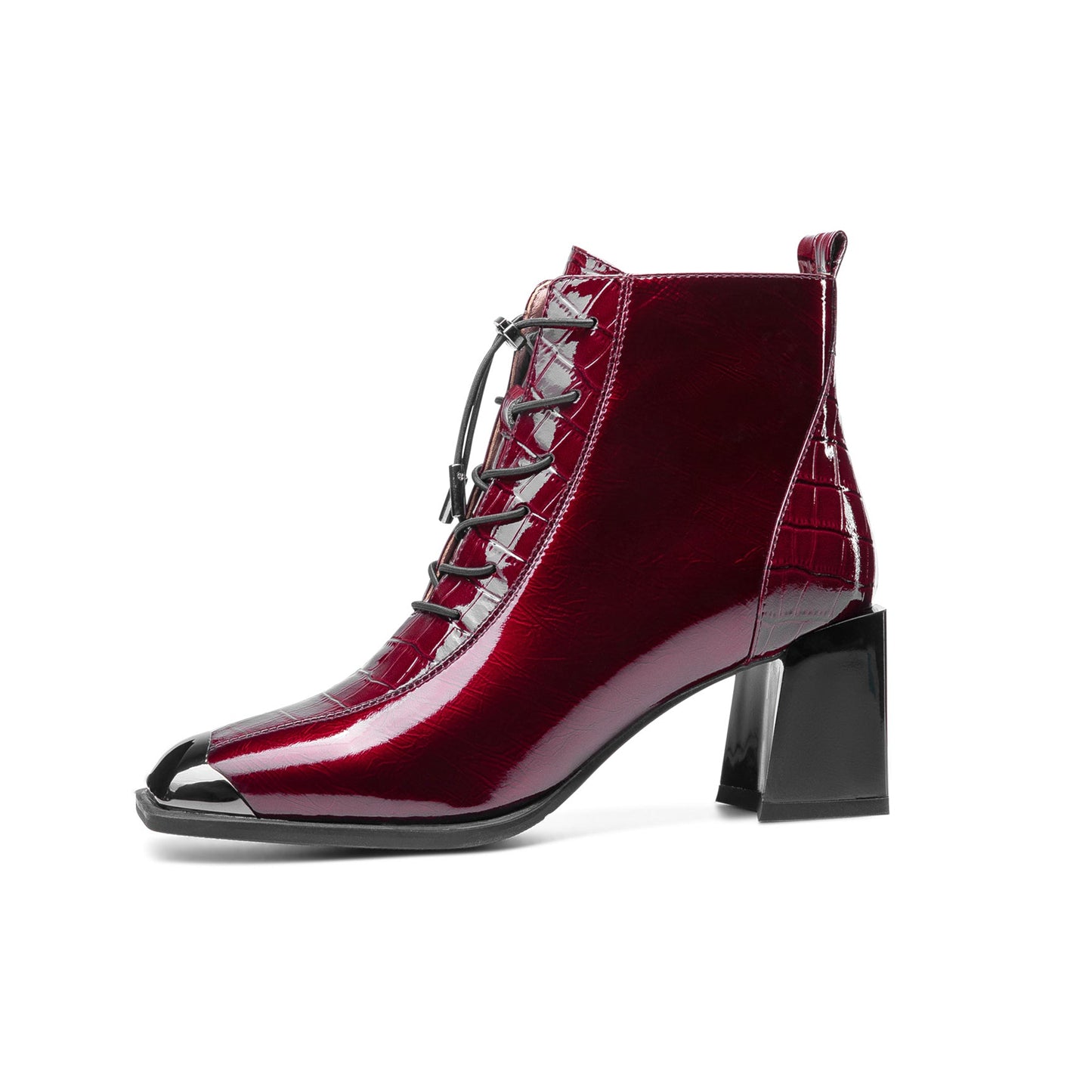 Nine Seven Women's Patent Leather Handmade Square Cap-Toe Mid Chunky Heel Side Zipper Ankle Boots with Band