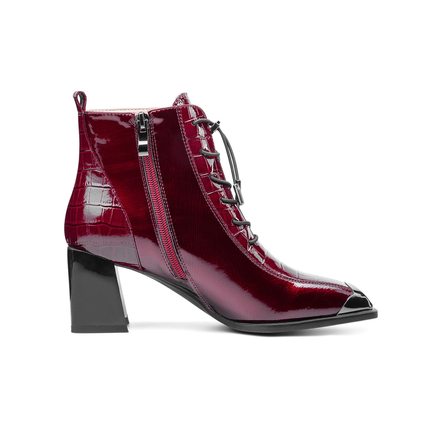 Nine Seven Women's Patent Leather Handmade Square Cap-Toe Mid Chunky Heel Side Zipper Ankle Boots with Band