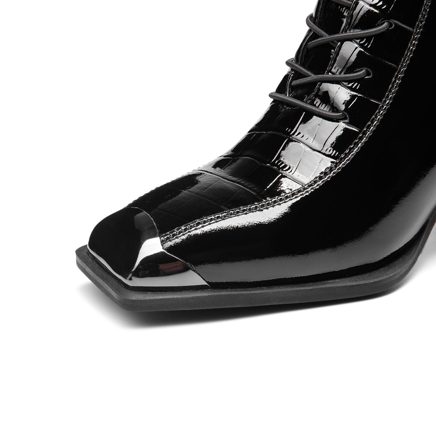 Nine Seven Women's Patent Leather Handmade Square Cap-Toe Mid Chunky Heel Side Zipper Ankle Boots with Band