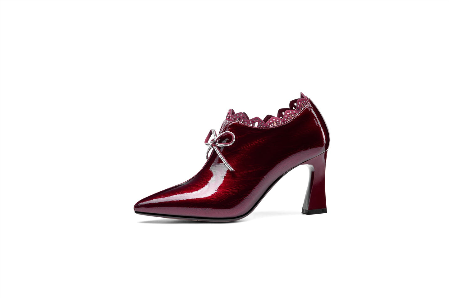 Nine Seven Women's Handmade Glossy Patent Leather Pointed Toe Mid Heel Side Zip Up Pump Shoes with Cute Bowtie