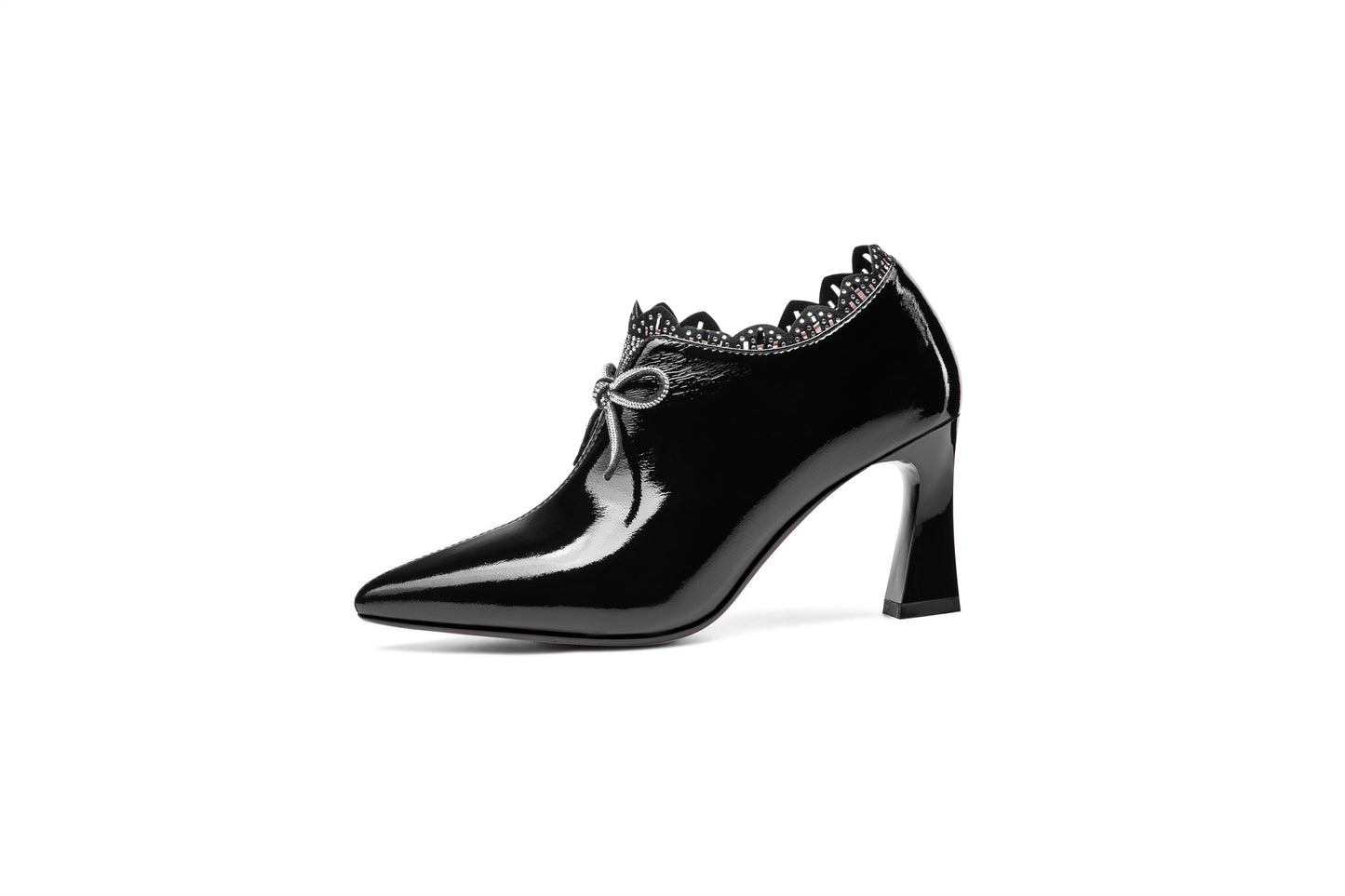 Nine Seven Women's Handmade Glossy Patent Leather Pointed Toe Mid Heel Side Zip Up Pump Shoes with Cute Bowtie