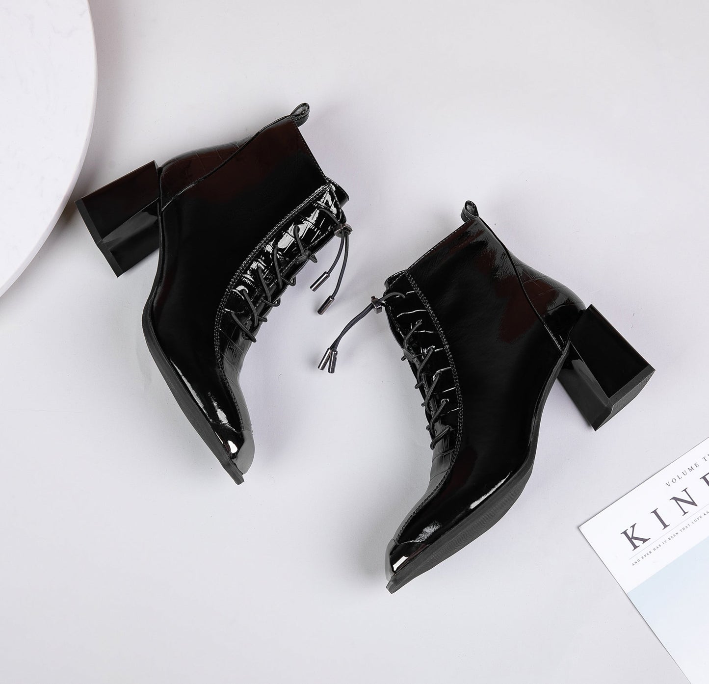Nine Seven Women's Patent Leather Handmade Square Cap-Toe Mid Chunky Heel Side Zipper Ankle Boots with Band