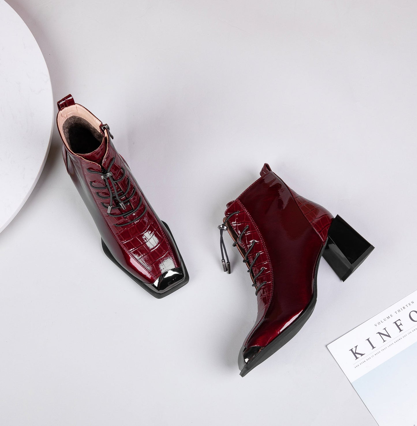 Nine Seven Women's Patent Leather Handmade Square Cap-Toe Mid Chunky Heel Side Zipper Ankle Boots with Band
