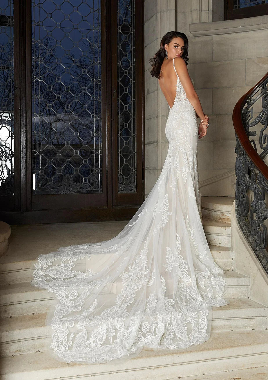 Nine Seven Spaghetti Strap V-Neckline Low and Open Scoop Back Bridal Grown Mermaid Wedding Dress Customization
