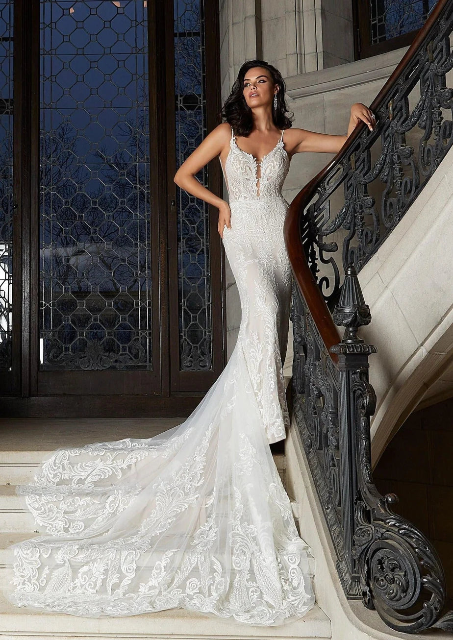 Nine Seven Spaghetti Strap V-Neckline Low and Open Scoop Back Bridal Grown Mermaid Wedding Dress Customization