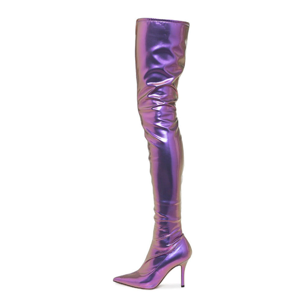 Nine Seven Women's Handmade Stretch Leather Sexy Pointed Toe Super High Stiletto Heel Stylish Plus-size Customized Circumference Over Knee Boots with Half Side Zip