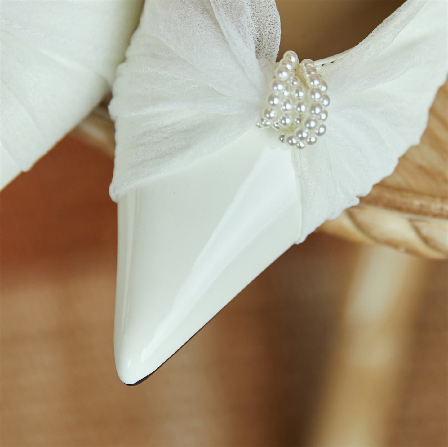 Nine Seven Patent Leather Handmade Women's Slip On Pointed Toe Mid Heel Pearl Bow Weeding Shoes