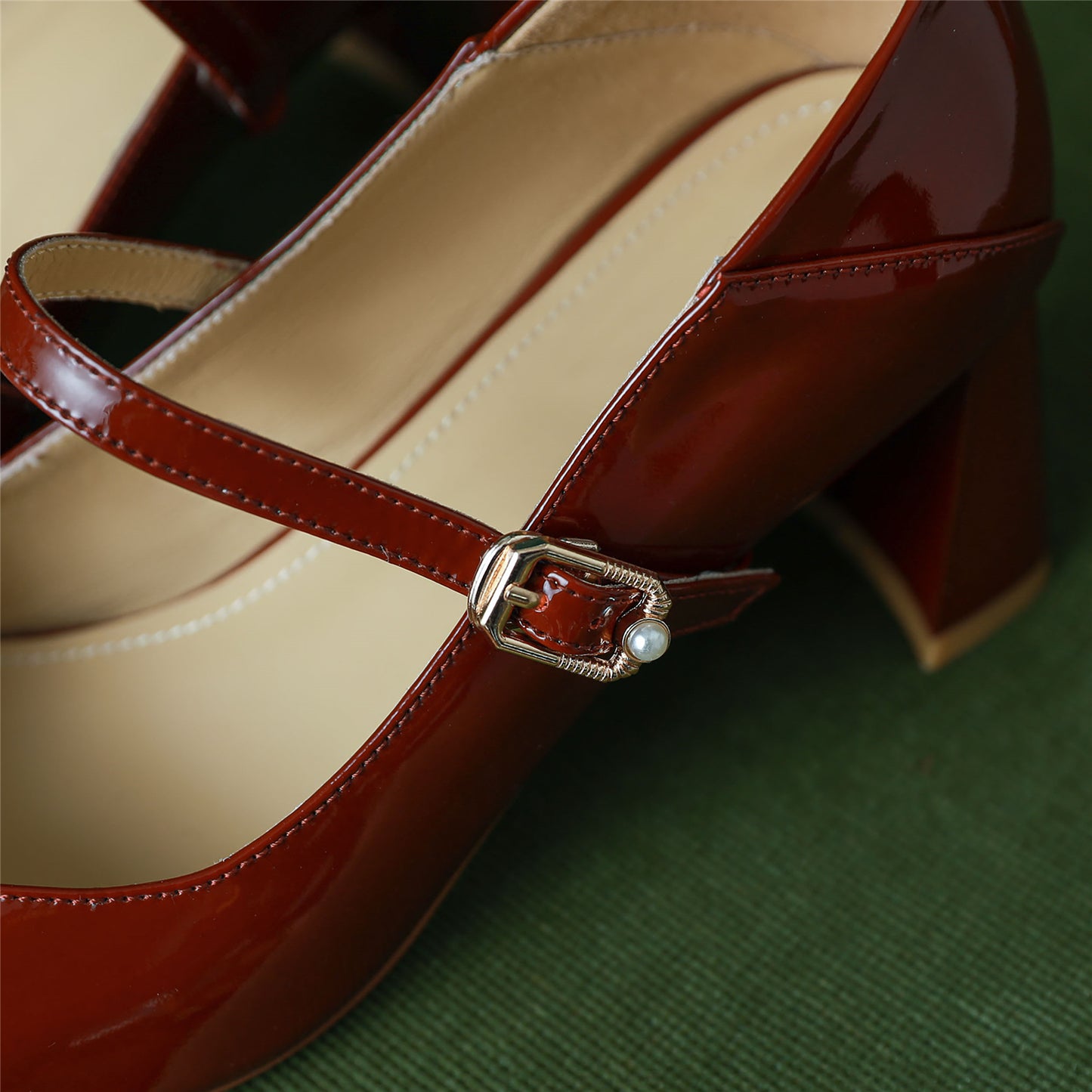 Women's Patent Leather Handmade Classic Square Toe Chunky Heel Buckle Closure Classic Mary Jane Pumps with Heart Design