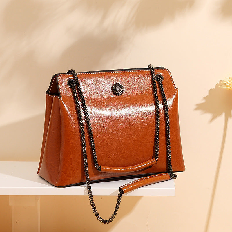 Genuine Leather Women's Chain Strap Shoulder Bag with Outside Pocket