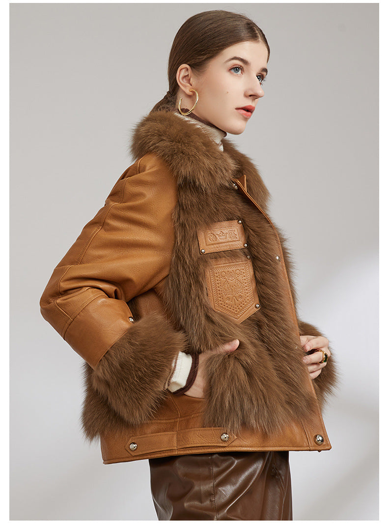 BelaCustom Fox Fur Coat Women's Genuine Leather Jacket Customization