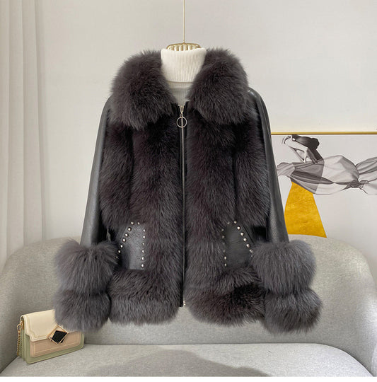 BelaCustom Fox Fur Women's Genuine Leather Jacket Coat Customization