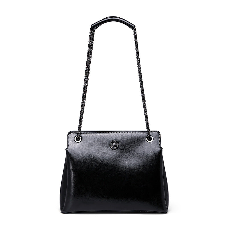 Genuine Leather Women's Chain Strap Shoulder Bag with Outside Pocket