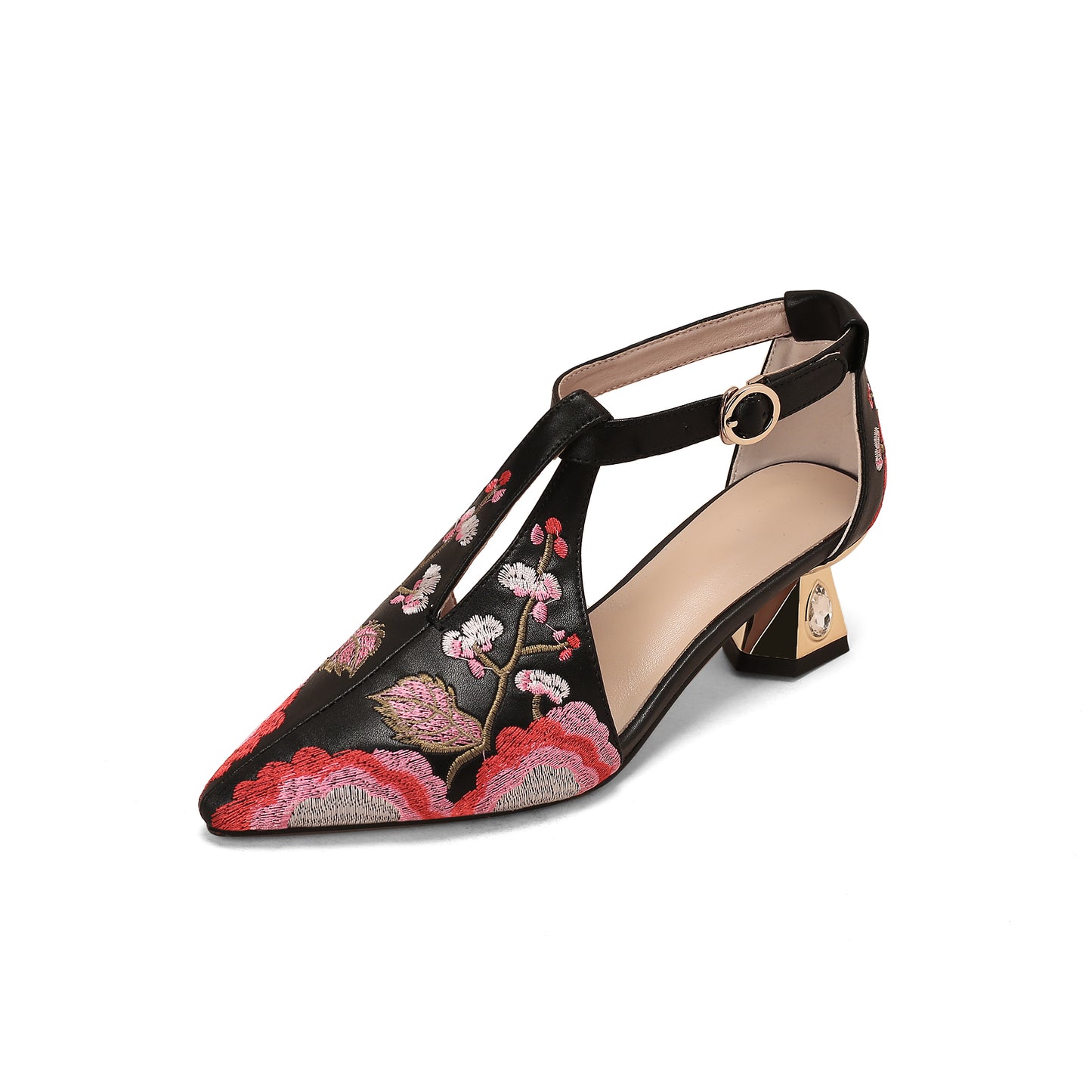 Women's Pointed Toe Emboidered Floral Print Genuine Leather Handmade Buckle Low Chunky Heel Sandal Pumps