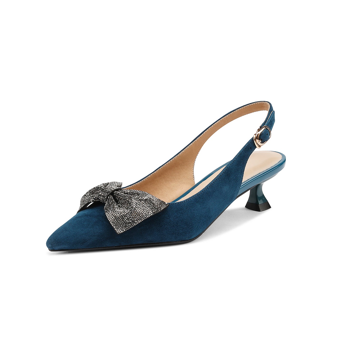 Women's Pointed Toe Suede Leather Handmade Buckle Cute Kitten Heels Slingbacks with Bowknot