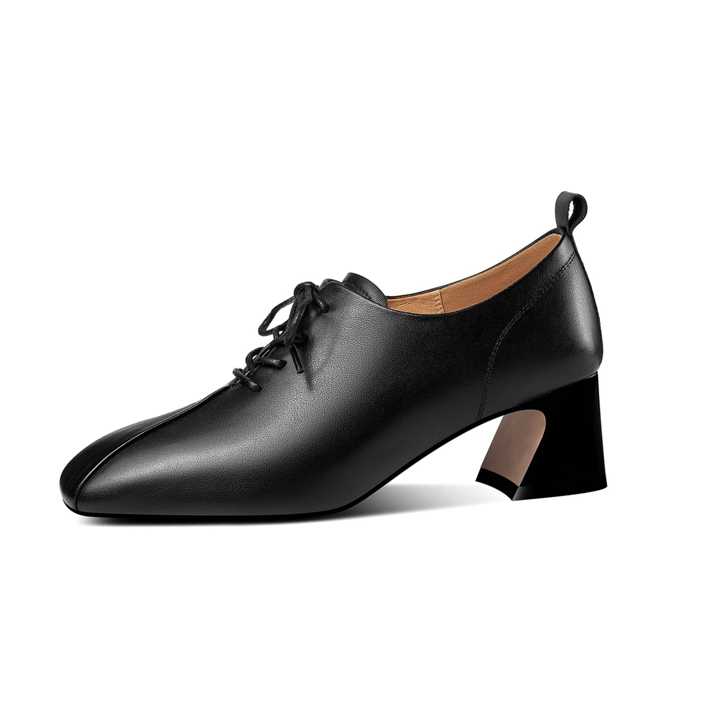 Handmade Women's Genuine Leather Textured Square Toe Front Lace Up Low Chunky Heel Oxford Pumps