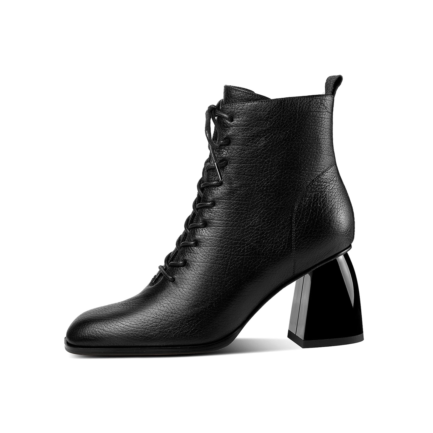 Women's Genuine Leather Square Toe Handmade Selftie Side Zipper Mid Chunky Heels Chic Ankle Boots