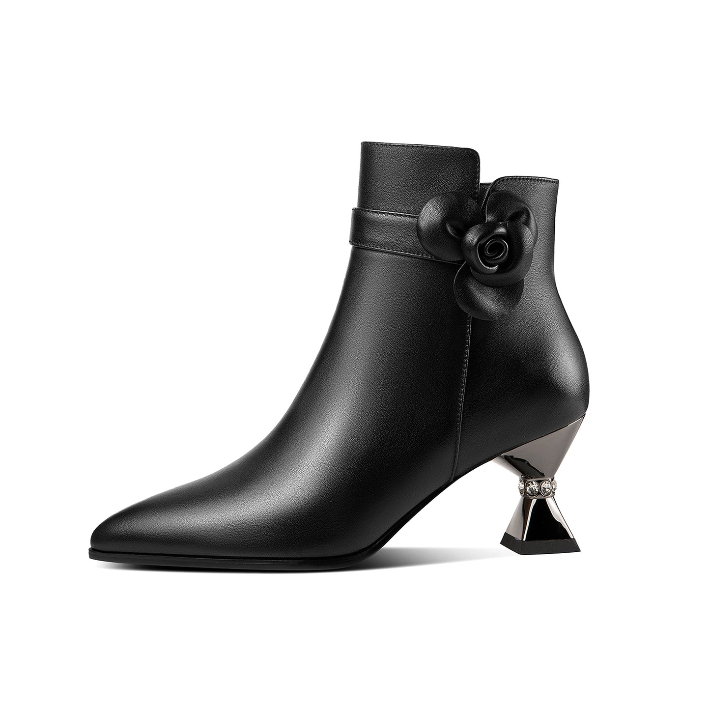 Handmade Women's Genuine Leather Floral Decor Pointed Toe Side Zipper Mid Spool Heel Ankle Boots