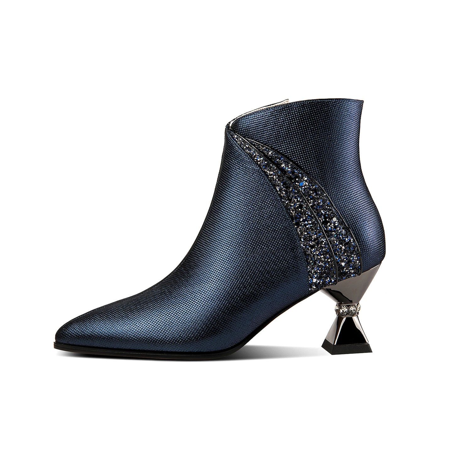 Handmade Women's Genuine Leather Rhinestones Woven Design Pointed Toe Side Zipper Mid Spool Heel Ankle Boots