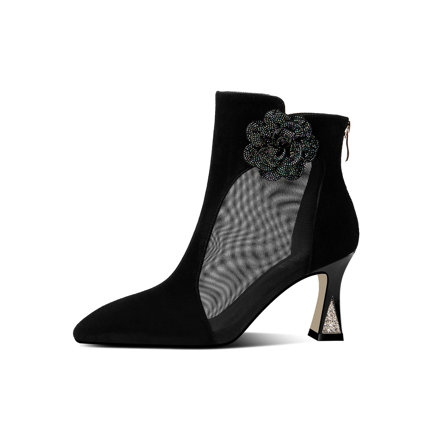 Women's Suede Leather Handmade Mesh Spool Heel Back Zip Up Flower Decor Black Summer Ankle Boots